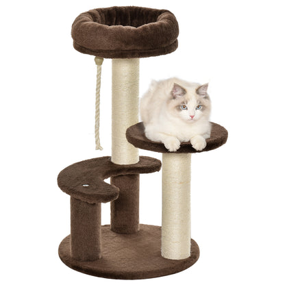 3-Level Cat Scratching Post with Platforms, Bed, and Sisal Posts, Cat Tower with Plush Covering, Ø40x65 cm, Brown