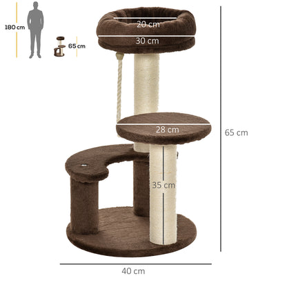 3-Level Cat Scratching Post with Platforms, Bed, and Sisal Posts, Cat Tower with Plush Covering, Ø40x65 cm, Brown
