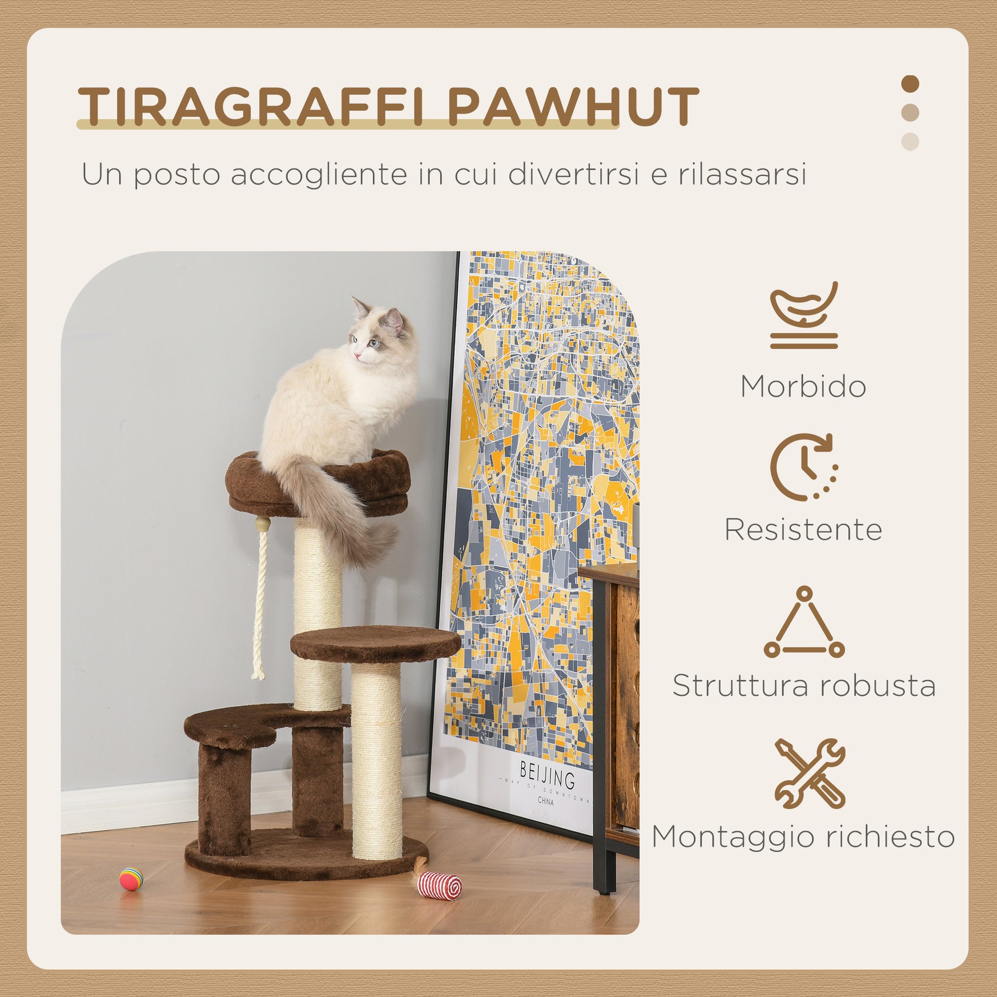 3-Level Cat Scratching Post with Platforms, Bed, and Sisal Posts, Cat Tower with Plush Covering, Ø40x65 cm, Brown