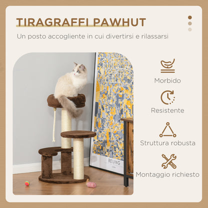 3-Level Cat Scratching Post with Platforms, Bed, and Sisal Posts, Cat Tower with Plush Covering, Ø40x65 cm, Brown