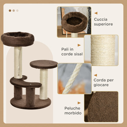 3-Level Cat Scratching Post with Platforms, Bed, and Sisal Posts, Cat Tower with Plush Covering, Ø40x65 cm, Brown