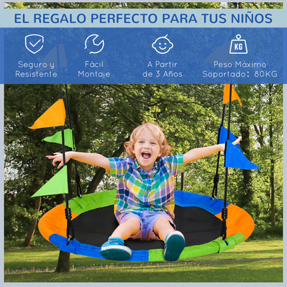 Garden Nest Swing Ø100x120-180 cm Adjustable Height with Ropes and Flags for Kids and Adults 80 kg Load Capacity Indoor and Outdoor Multicolor