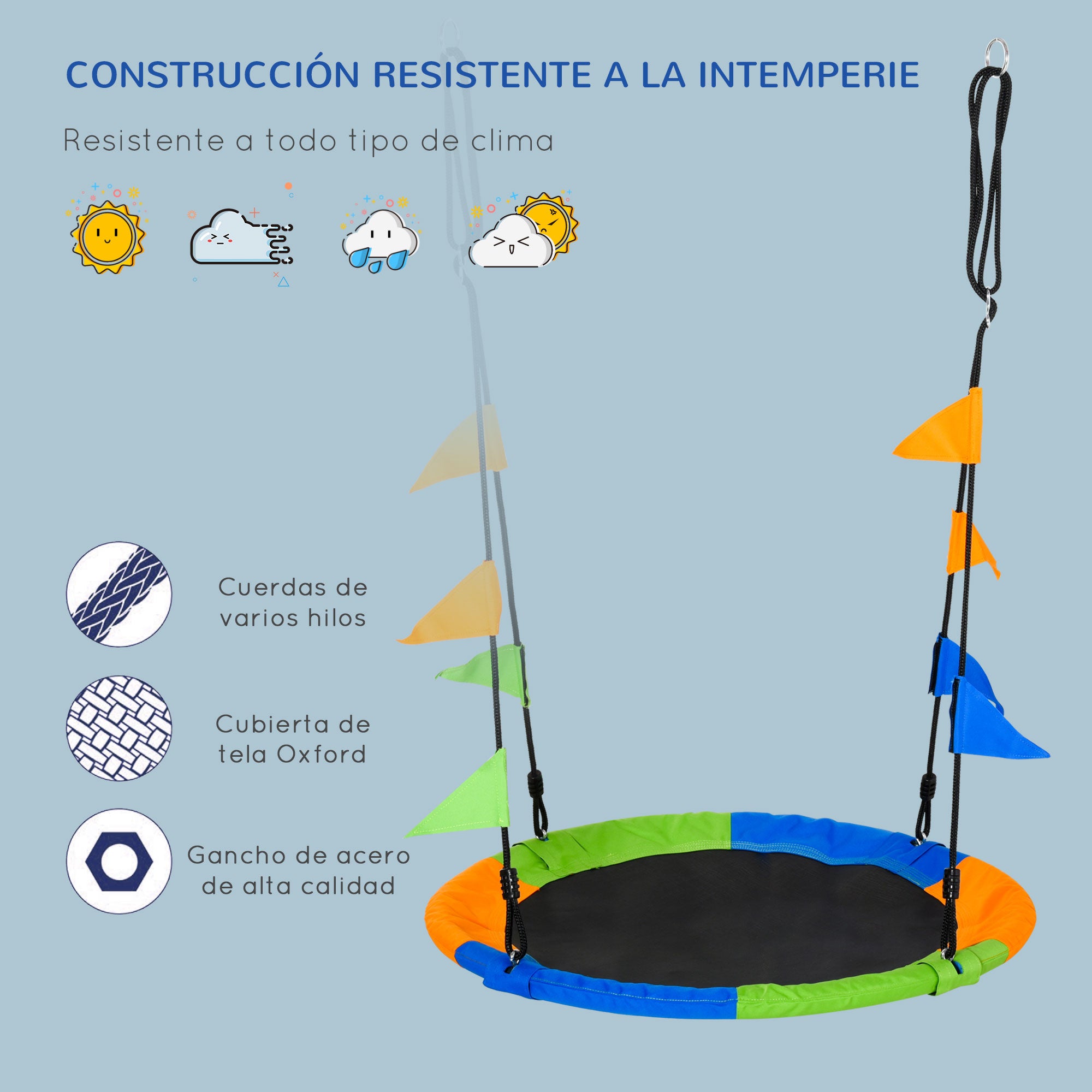 Garden Nest Swing Ø100x120-180 cm Adjustable Height with Ropes and Flags for Kids and Adults 80 kg Load Capacity Indoor and Outdoor Multicolor