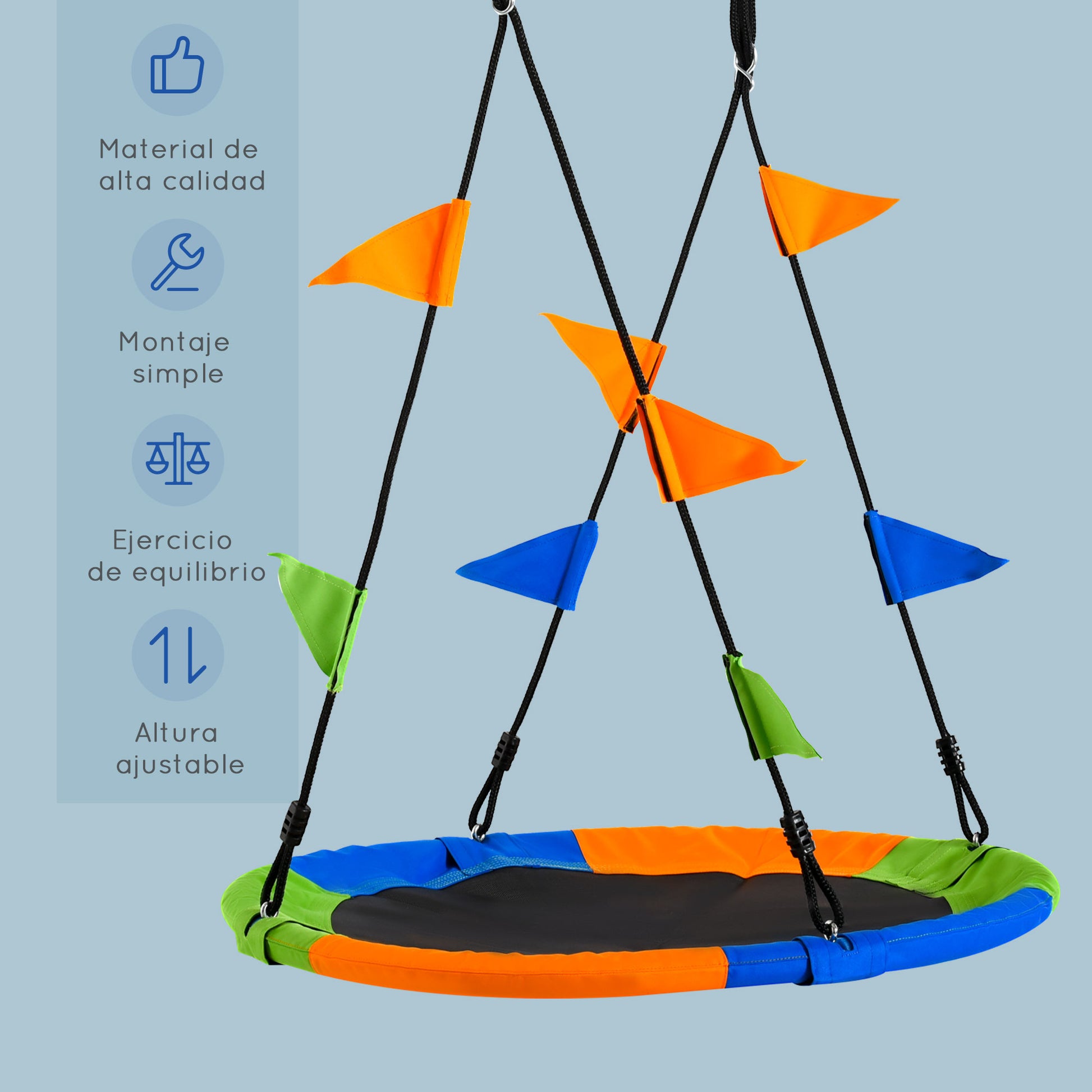 Garden Nest Swing Ø100x120-180 cm Adjustable Height with Ropes and Flags for Kids and Adults 80 kg Load Capacity Indoor and Outdoor Multicolor