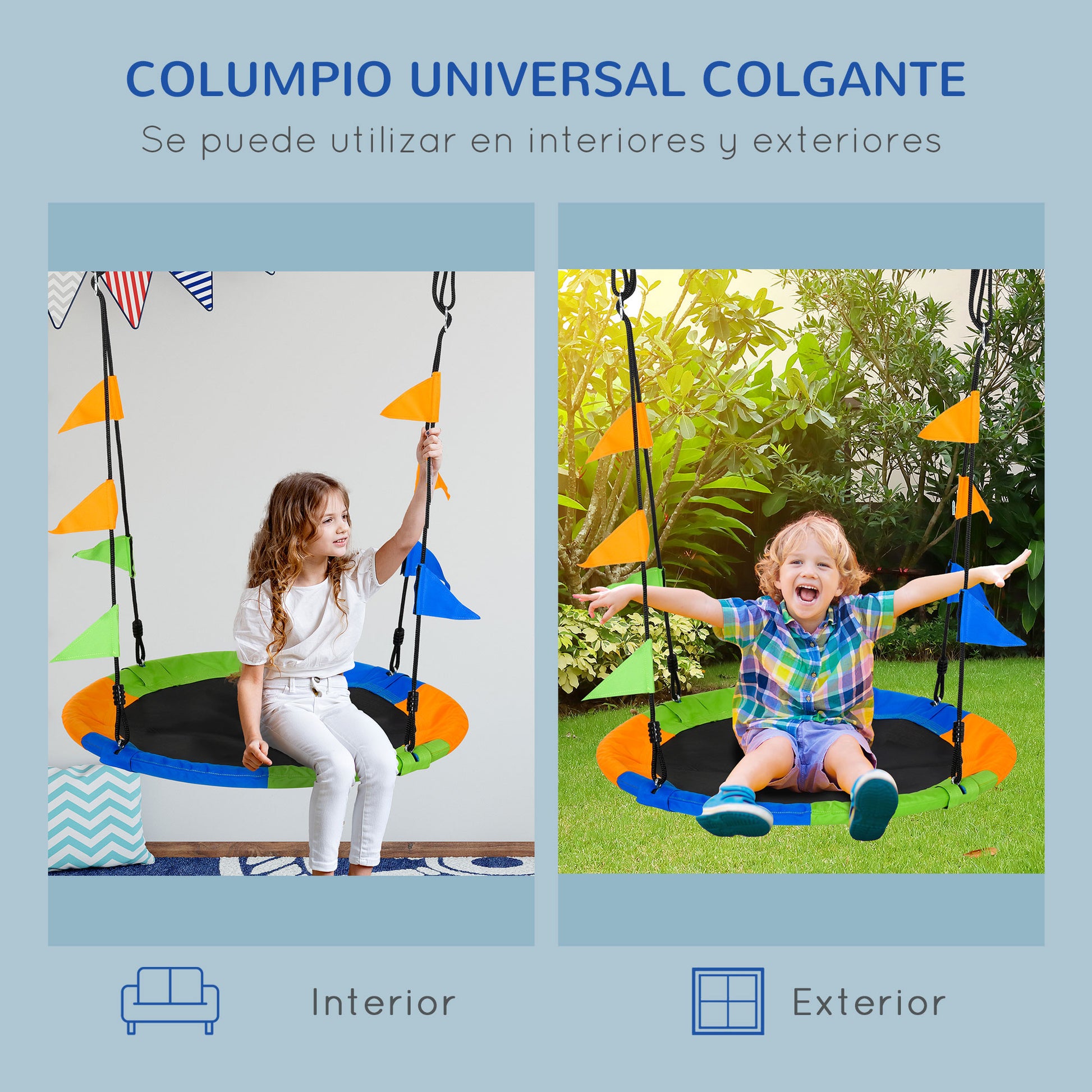 Garden Nest Swing Ø100x120-180 cm Adjustable Height with Ropes and Flags for Kids and Adults 80 kg Load Capacity Indoor and Outdoor Multicolor