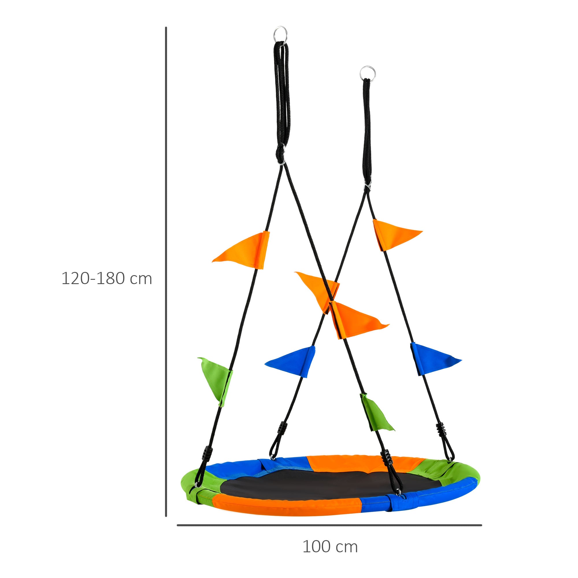 Garden Nest Swing Ø100x120-180 cm Adjustable Height with Ropes and Flags for Kids and Adults 80 kg Load Capacity Indoor and Outdoor Multicolor