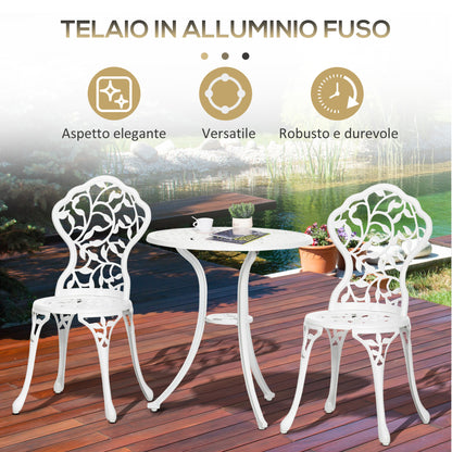 3-Piece Aluminum Garden Set in White with Floral Design, 2 Outdoor Chairs 45x42x85.5 cm and Round Table Ø61x66.5 cm