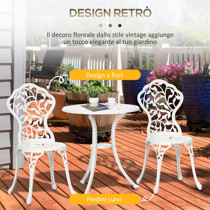 3-Piece Aluminum Garden Set in White with Floral Design, 2 Outdoor Chairs 45x42x85.5 cm and Round Table Ø61x66.5 cm