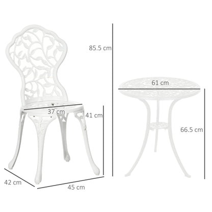 3-Piece Aluminum Garden Set in White with Floral Design, 2 Outdoor Chairs 45x42x85.5 cm and Round Table Ø61x66.5 cm
