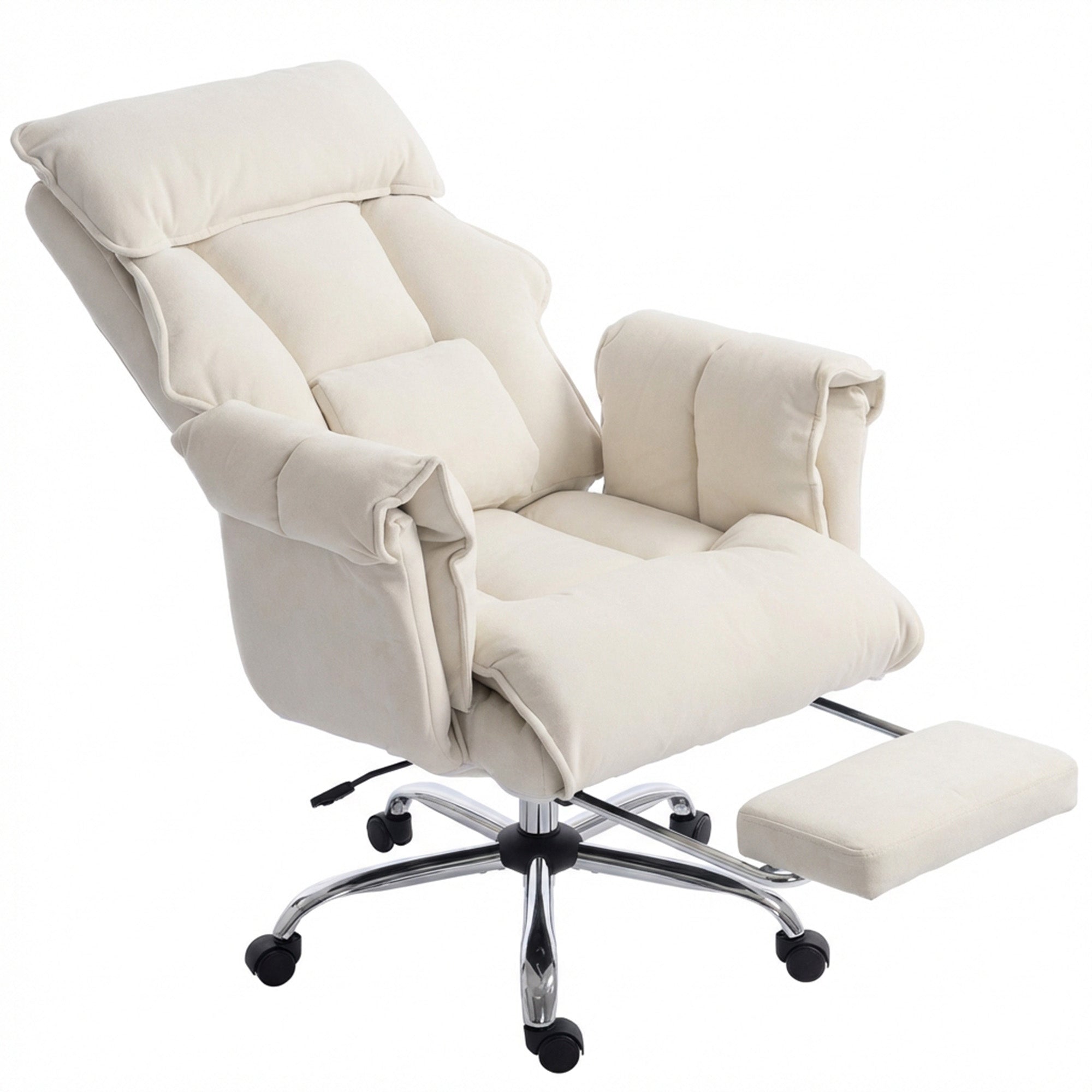 Swivel Office Chair with Lumbar Support, Armrests & Extendable Footrest — Snow-Flannel Padded, Height Adjustable, Cream