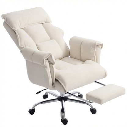 Swivel Office Chair with Lumbar Support, Armrests & Extendable Footrest — Snow-Flannel Padded, Height Adjustable, Cream