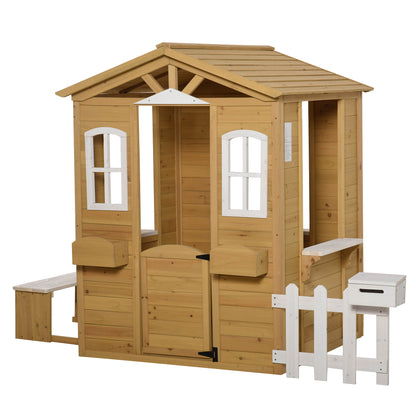 Wooden Children's Playhouse Outdoor Playhouse with Door, Window, Planter, Mailbox, Bench Garden House Kids House for Children 3-6 Years