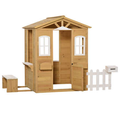 Wooden Children's Playhouse Outdoor Playhouse with Door, Window, Planter, Mailbox, Bench Garden House Kids House for Children 3-6 Years