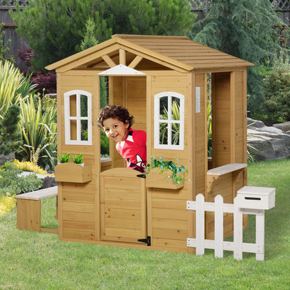 Wooden Children's Playhouse Outdoor Playhouse with Door, Window, Planter, Mailbox, Bench Garden House Kids House for Children 3-6 Years