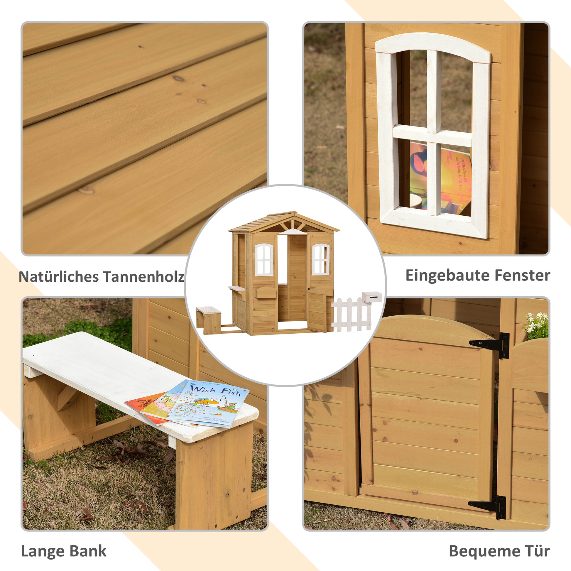 Wooden Children's Playhouse Outdoor Playhouse with Door, Window, Planter, Mailbox, Bench Garden House Kids House for Children 3-6 Years