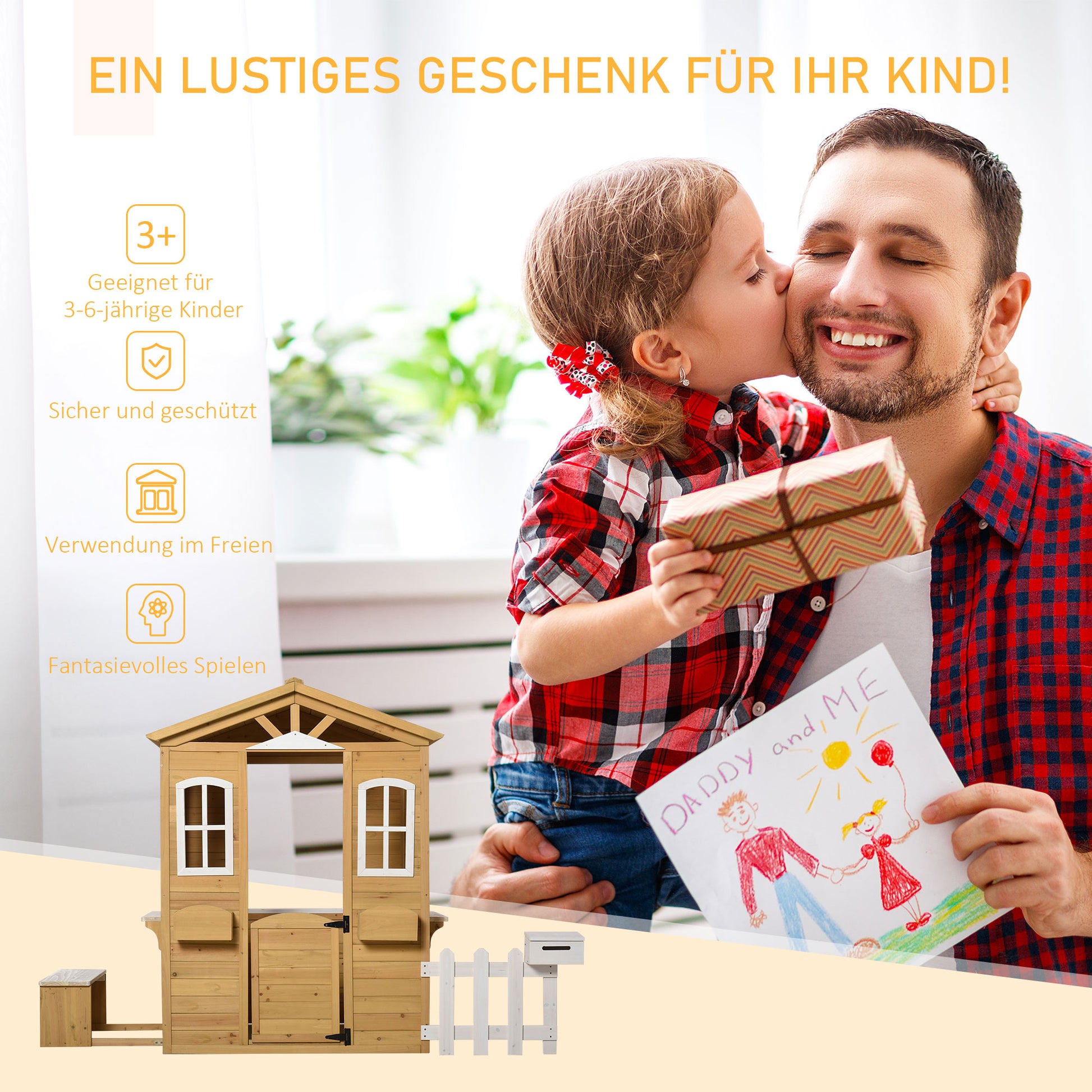 Wooden Children's Playhouse Outdoor Playhouse with Door, Window, Planter, Mailbox, Bench Garden House Kids House for Children 3-6 Years