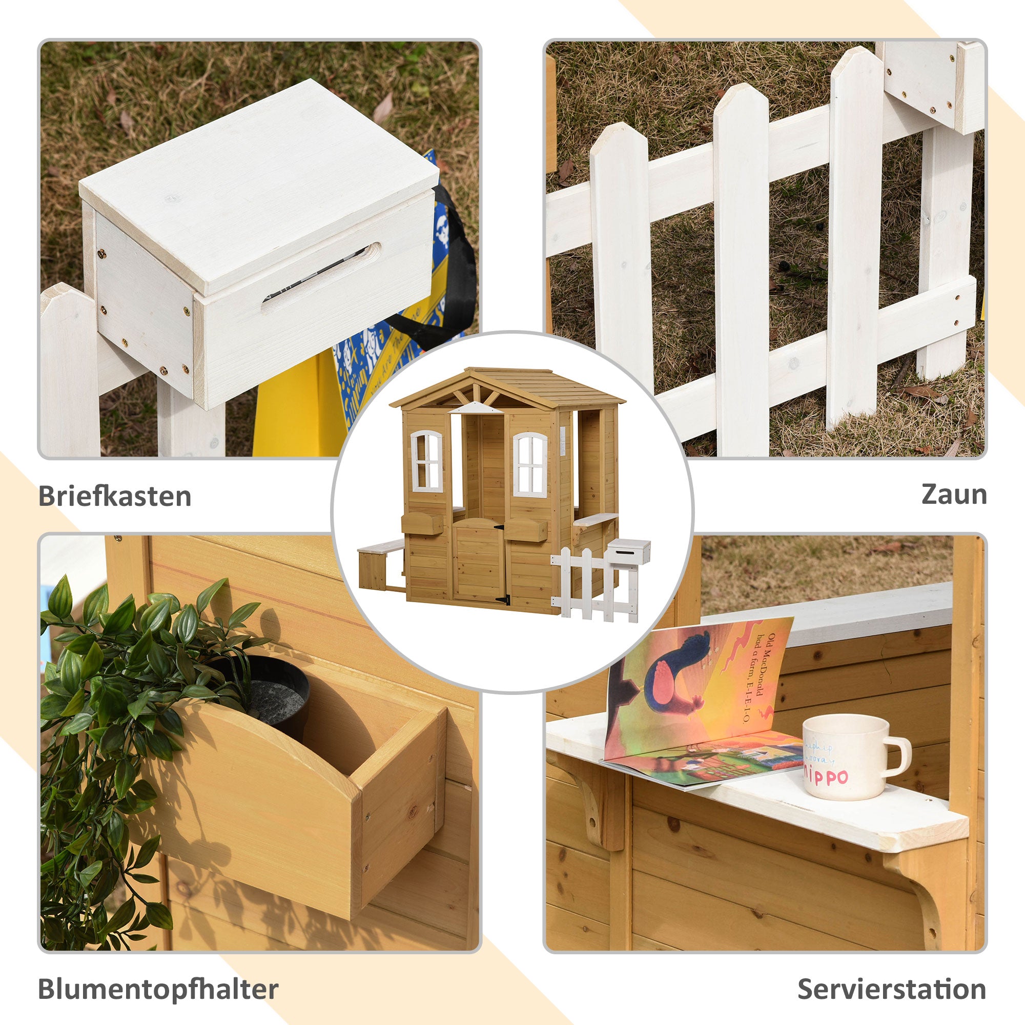 Wooden Children's Playhouse Outdoor Playhouse with Door, Window, Planter, Mailbox, Bench Garden House Kids House for Children 3-6 Years
