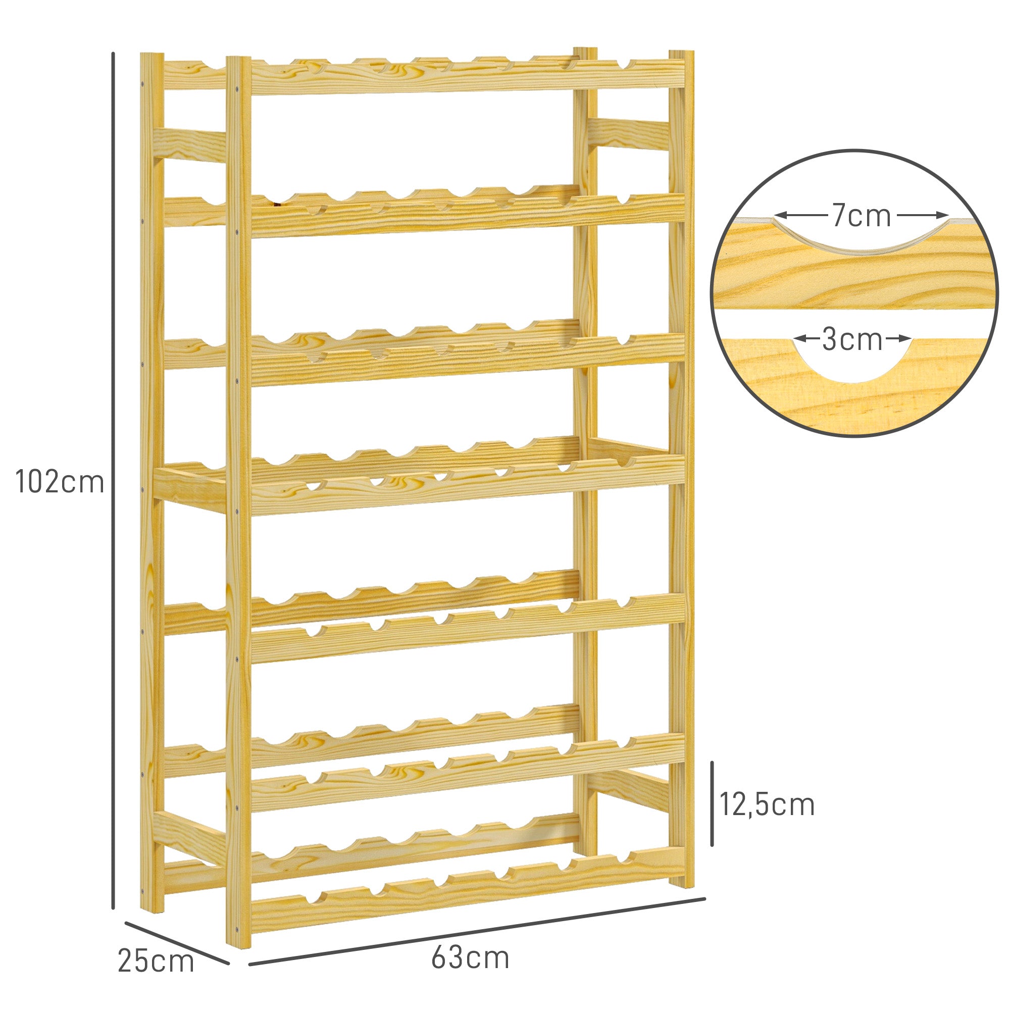 Wine Rack Bottle Holder for 42 Wine Bottles, with 7 Levels, Wooden Stand Rack with Tip-Over Protection for Kitchen, Natural 63 x 25 x 102 cm