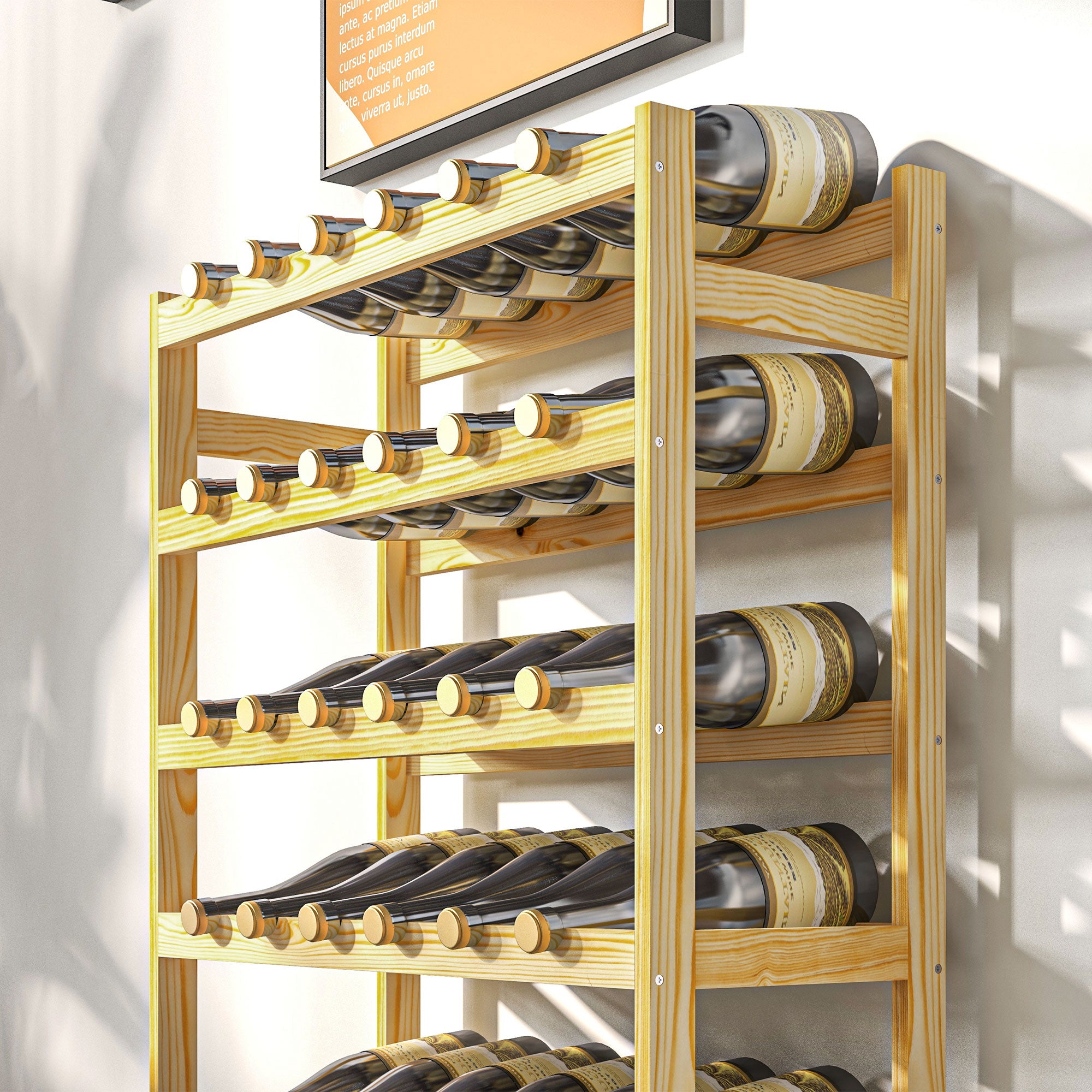 Wine Rack Bottle Holder for 42 Wine Bottles, with 7 Levels, Wooden Stand Rack with Tip-Over Protection for Kitchen, Natural 63 x 25 x 102 cm