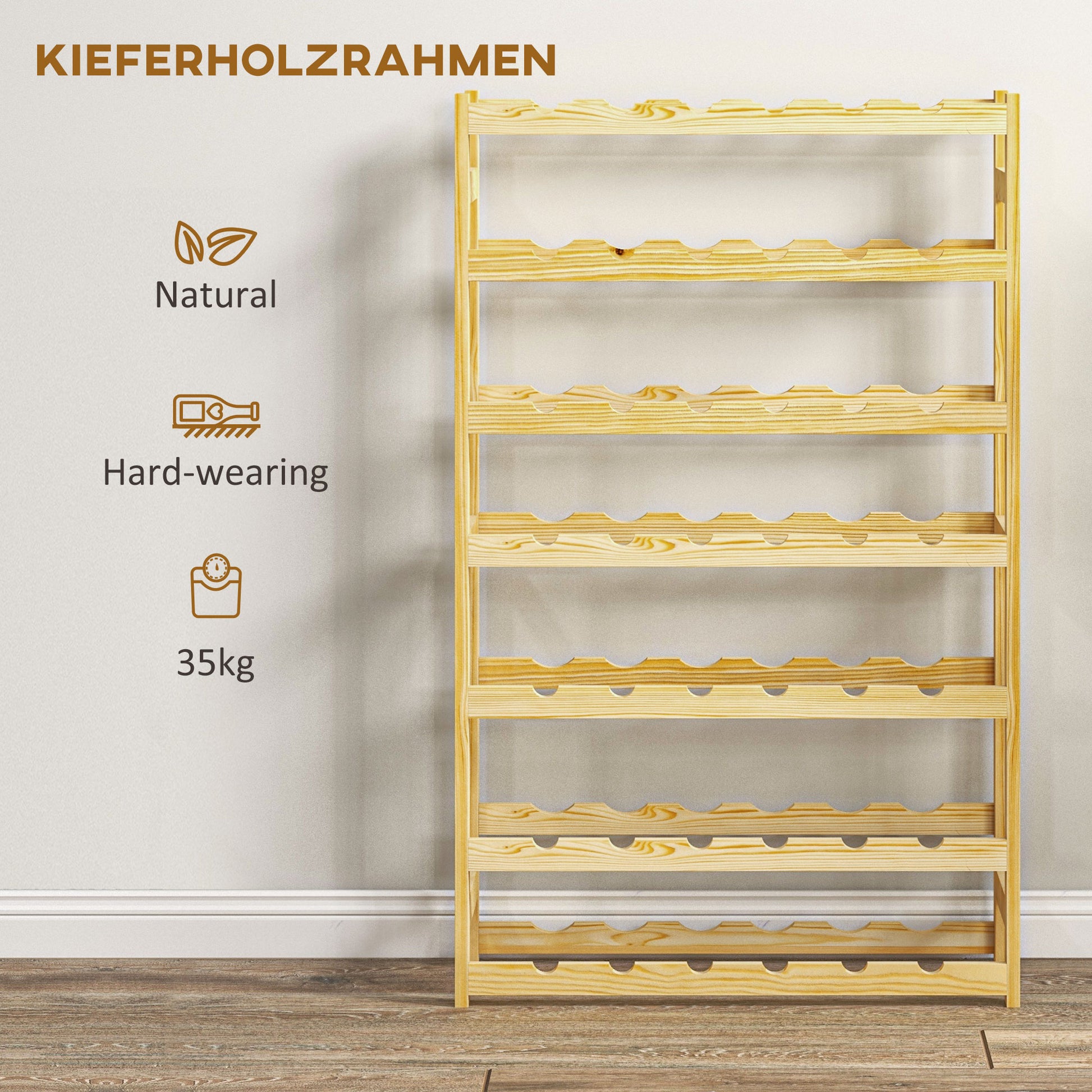 Wine Rack Bottle Holder for 42 Wine Bottles, with 7 Levels, Wooden Stand Rack with Tip-Over Protection for Kitchen, Natural 63 x 25 x 102 cm