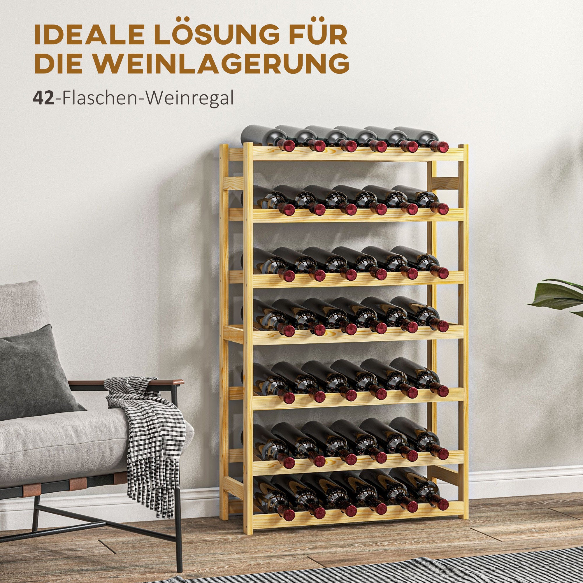 Wine Rack Bottle Holder for 42 Wine Bottles, with 7 Levels, Wooden Stand Rack with Tip-Over Protection for Kitchen, Natural 63 x 25 x 102 cm