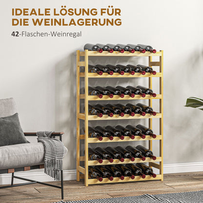 Wine Rack Bottle Holder for 42 Wine Bottles, with 7 Levels, Wooden Stand Rack with Tip-Over Protection for Kitchen, Natural 63 x 25 x 102 cm