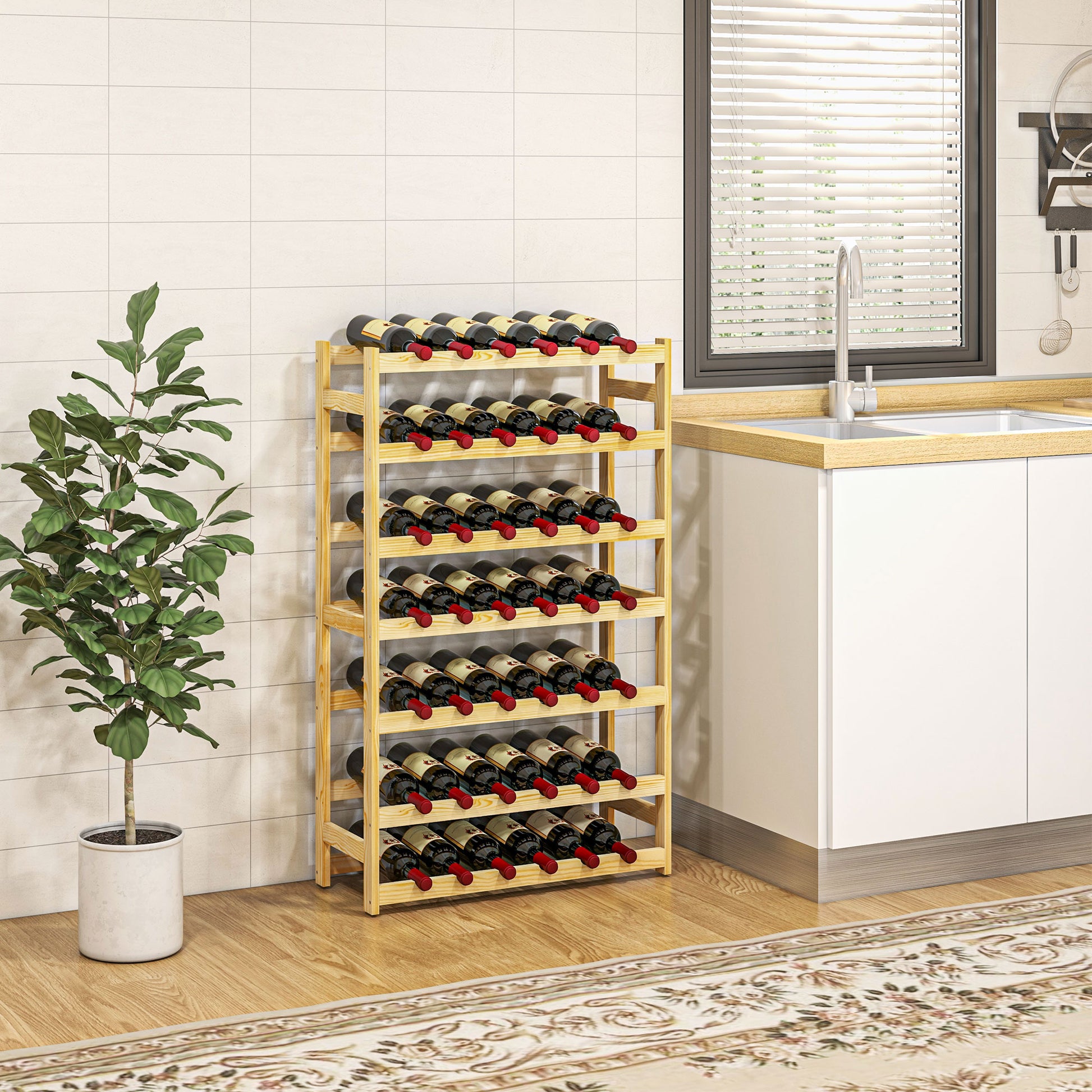 Wine Rack Bottle Holder for 42 Wine Bottles, with 7 Levels, Wooden Stand Rack with Tip-Over Protection for Kitchen, Natural 63 x 25 x 102 cm