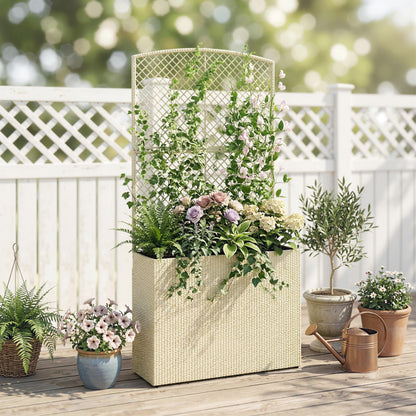 Rattan Planter with Trellis, Large Outdoor Raised Garden Bed with Liner for Vines, Herbs, Vegetables & Flowers, 31.5 x 11.8 x 64.2 in, Beige