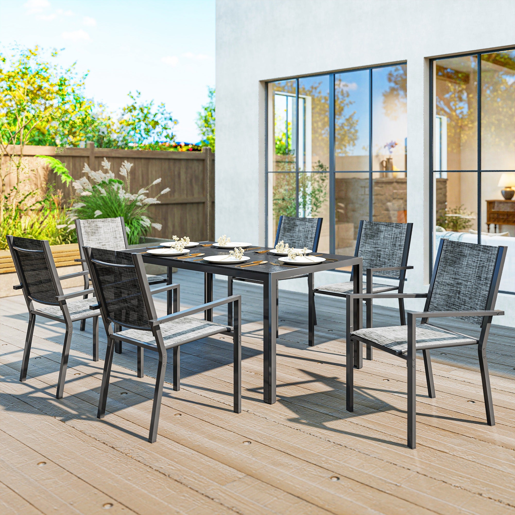 Outdoor 7-Piece Garden Furniture Set, Outdoor Garden Table with 6 Stackable Chairs, 150 cm Slatted Top, Rust-Resistant Steel Frame, Garden Furniture, Terrace, Patio, Black