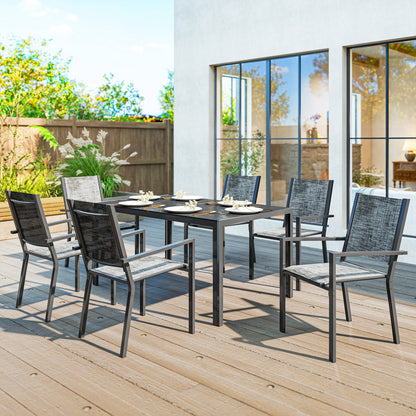Outdoor 7-Piece Garden Furniture Set, Outdoor Garden Table with 6 Stackable Chairs, 150 cm Slatted Top, Rust-Resistant Steel Frame, Garden Furniture, Terrace, Patio, Black