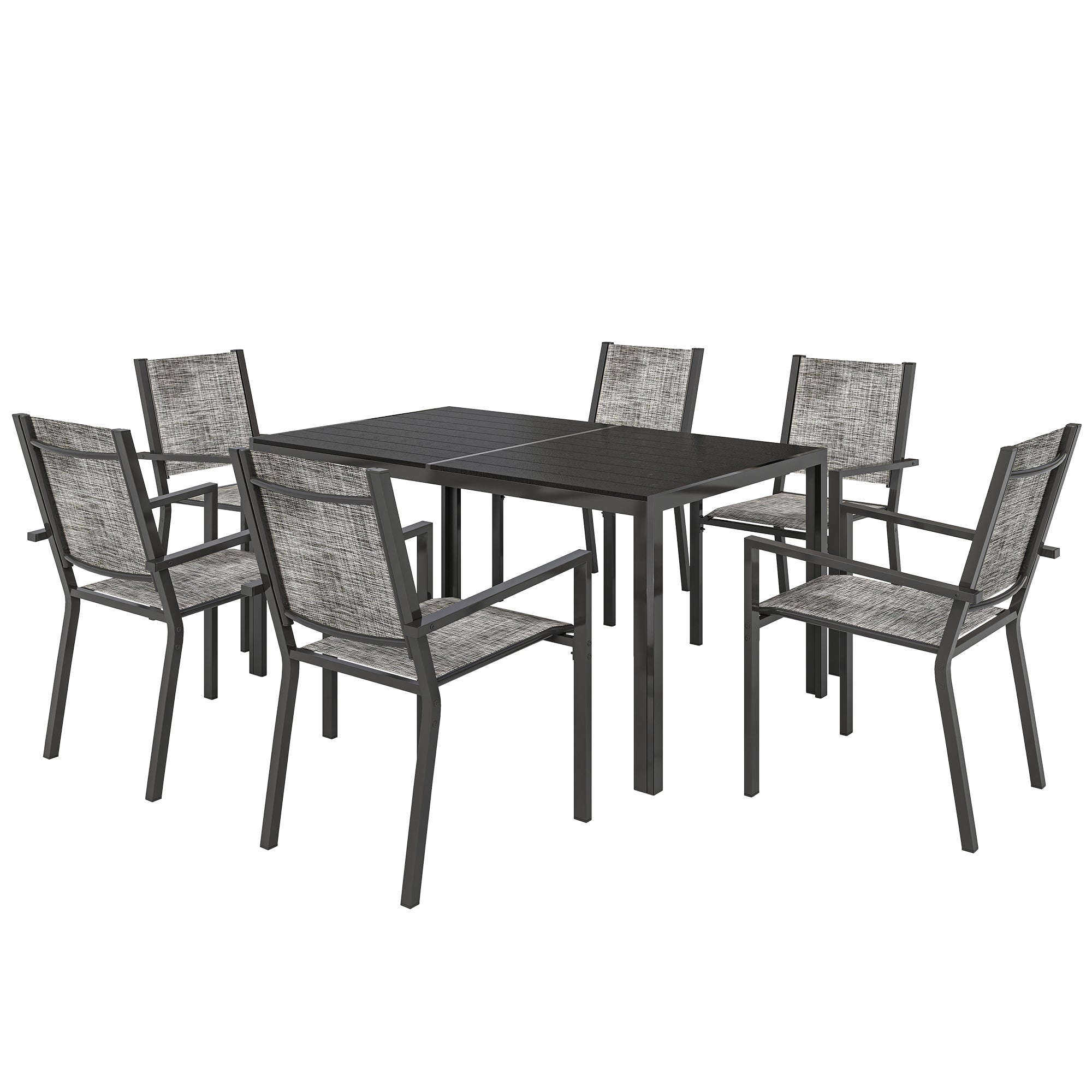 Outdoor 7-Piece Garden Furniture Set, Outdoor Garden Table with 6 Stackable Chairs, 150 cm Slatted Top, Rust-Resistant Steel Frame, Garden Furniture, Terrace, Patio, Black