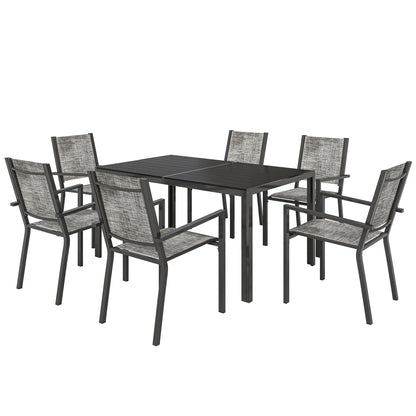 Outdoor 7-Piece Garden Furniture Set, Outdoor Garden Table with 6 Stackable Chairs, 150 cm Slatted Top, Rust-Resistant Steel Frame, Garden Furniture, Terrace, Patio, Black