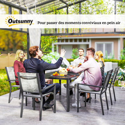 Outdoor 7-Piece Garden Furniture Set, Outdoor Garden Table with 6 Stackable Chairs, 150 cm Slatted Top, Rust-Resistant Steel Frame, Garden Furniture, Terrace, Patio, Black