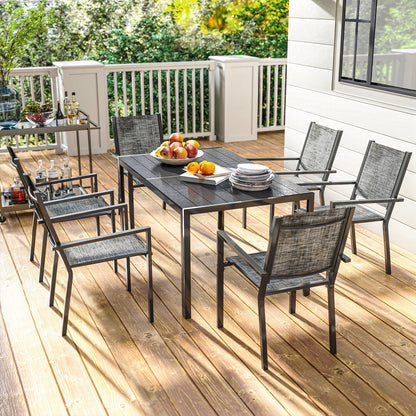 Outdoor 7-Piece Garden Furniture Set, Outdoor Garden Table with 6 Stackable Chairs, 150 cm Slatted Top, Rust-Resistant Steel Frame, Garden Furniture, Terrace, Patio, Black