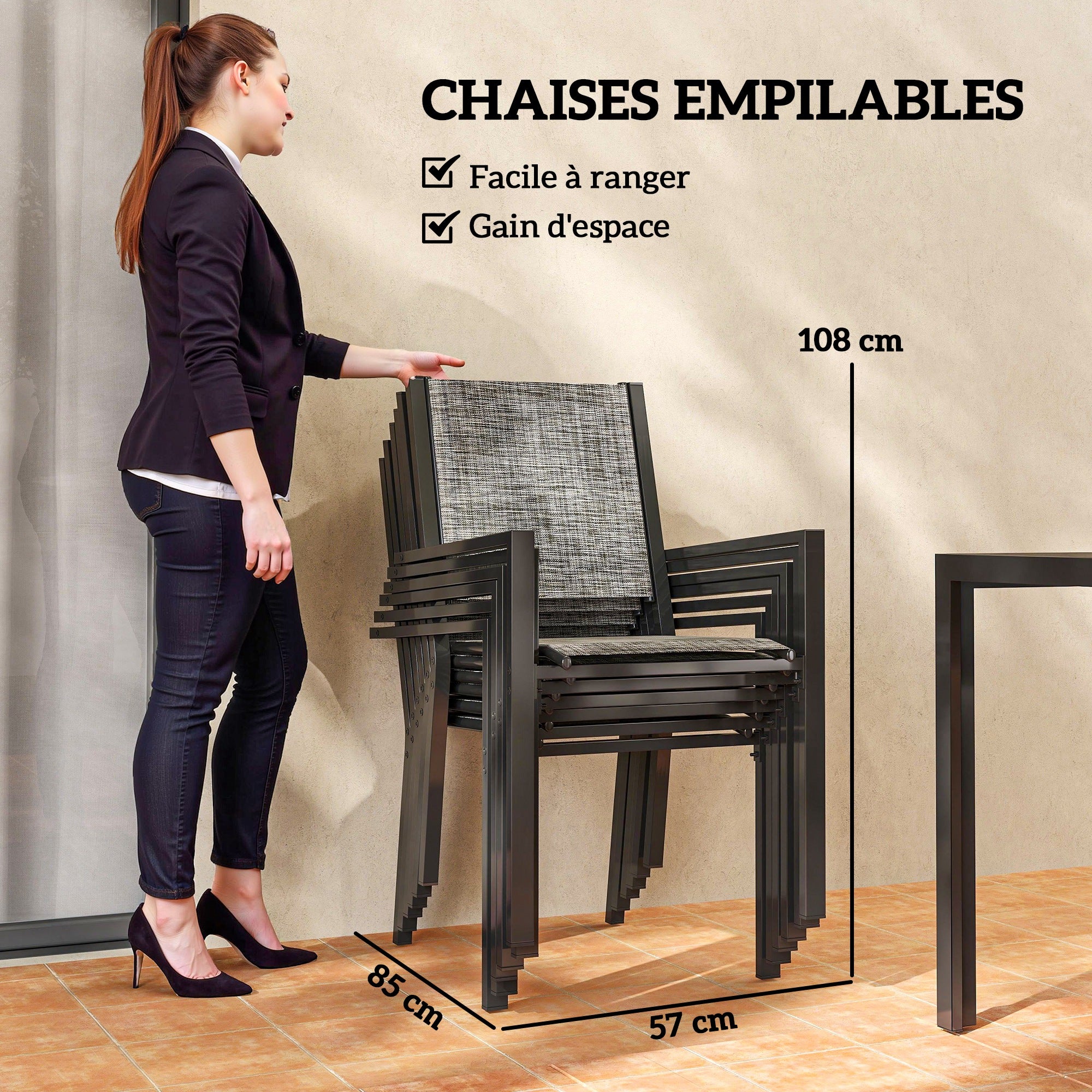 Outdoor 7-Piece Garden Furniture Set, Outdoor Garden Table with 6 Stackable Chairs, 150 cm Slatted Top, Rust-Resistant Steel Frame, Garden Furniture, Terrace, Patio, Black