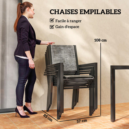 Outdoor 7-Piece Garden Furniture Set, Outdoor Garden Table with 6 Stackable Chairs, 150 cm Slatted Top, Rust-Resistant Steel Frame, Garden Furniture, Terrace, Patio, Black