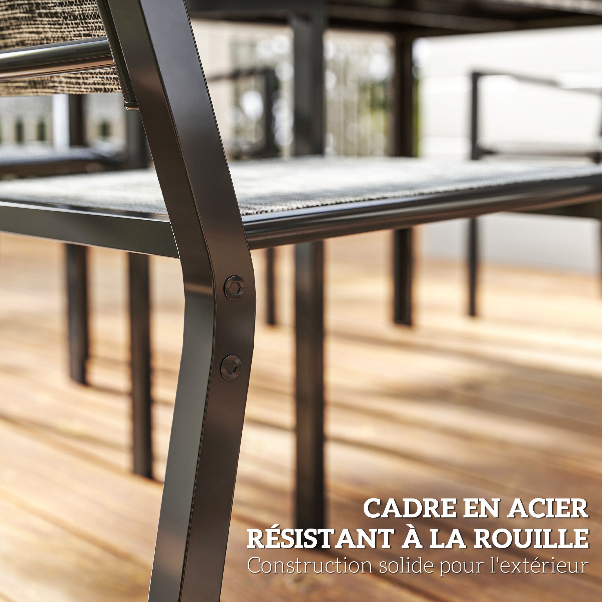 Outdoor 7-Piece Garden Furniture Set, Outdoor Garden Table with 6 Stackable Chairs, 150 cm Slatted Top, Rust-Resistant Steel Frame, Garden Furniture, Terrace, Patio, Black