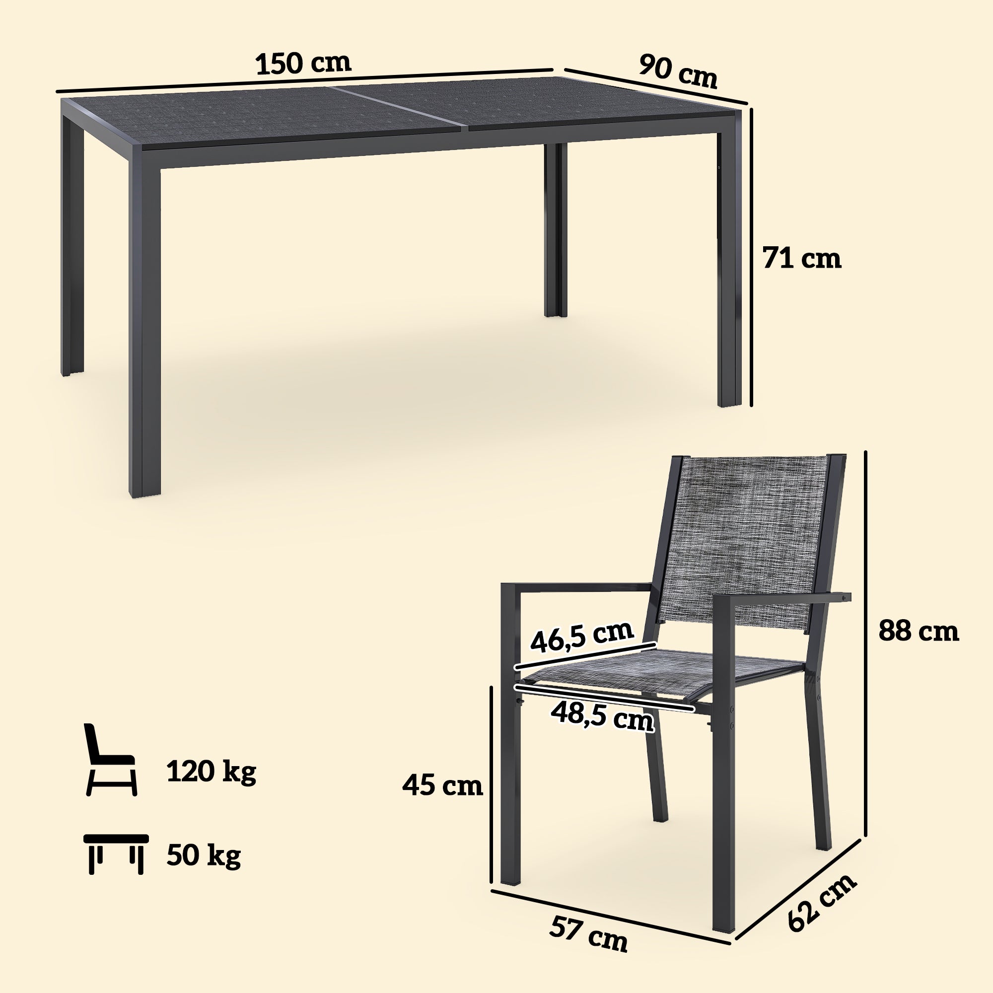 Outdoor 7-Piece Garden Furniture Set, Outdoor Garden Table with 6 Stackable Chairs, 150 cm Slatted Top, Rust-Resistant Steel Frame, Garden Furniture, Terrace, Patio, Black