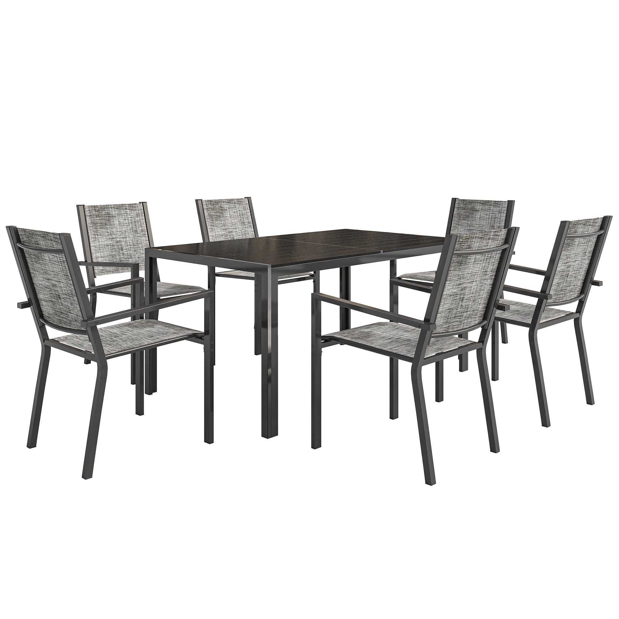Outdoor 7-Piece Garden Furniture Set, Outdoor Garden Table with 6 Stackable Chairs, 150 cm Slatted Top, Rust-Resistant Steel Frame, Garden Furniture, Terrace, Patio, Black