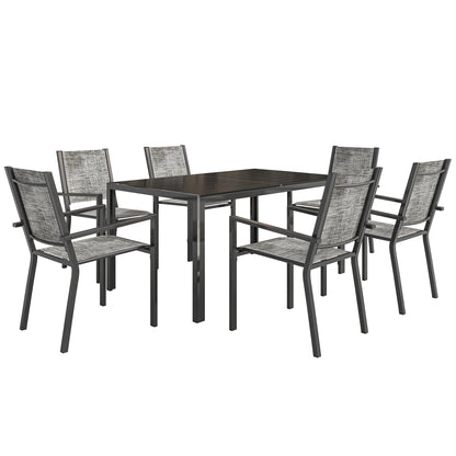Outdoor 7-Piece Garden Furniture Set, Outdoor Garden Table with 6 Stackable Chairs, 150 cm Slatted Top, Rust-Resistant Steel Frame, Garden Furniture, Terrace, Patio, Black