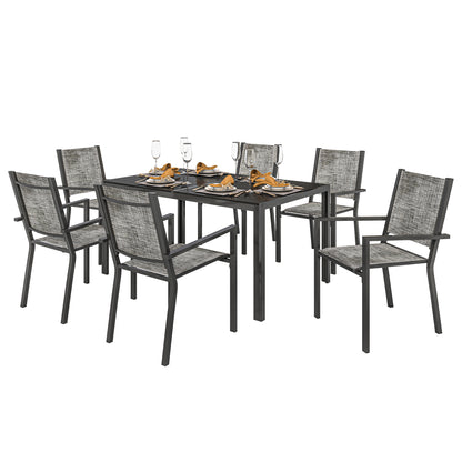 Outdoor 7-Piece Garden Furniture Set, Outdoor Garden Table with 6 Stackable Chairs, 150 cm Slatted Top, Rust-Resistant Steel Frame, Garden Furniture, Terrace, Patio, Black