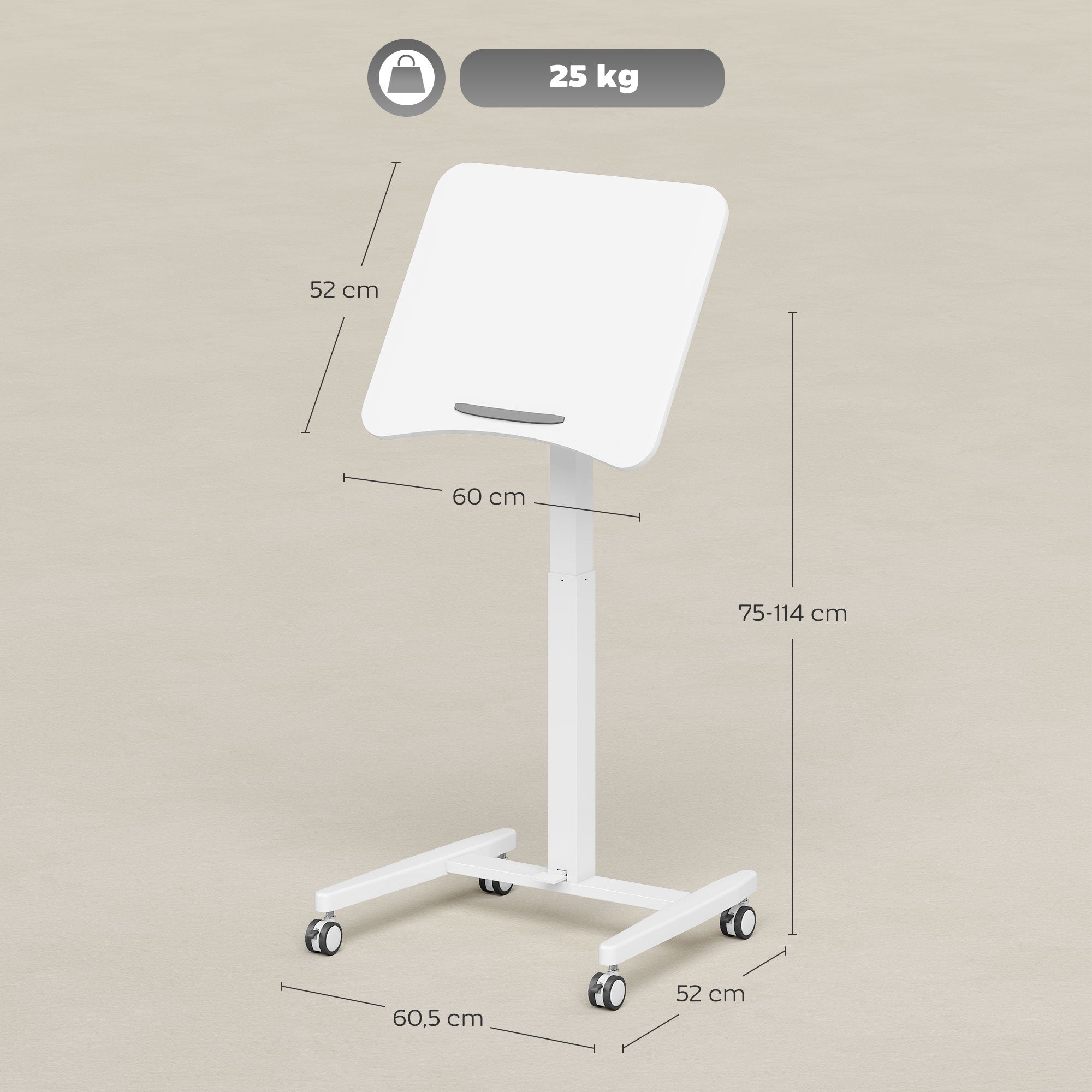 Height-Adjustable Standing Desk 75–114 cm (29.5–44.9 in) — Mobile Laptop Table with Tilting Top, Safety Stop, Steel Frame, Pneumatic Drafting Table for Small Spaces, White