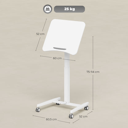 Height-Adjustable Standing Desk 75–114 cm (29.5–44.9 in) — Mobile Laptop Table with Tilting Top, Safety Stop, Steel Frame, Pneumatic Drafting Table for Small Spaces, White