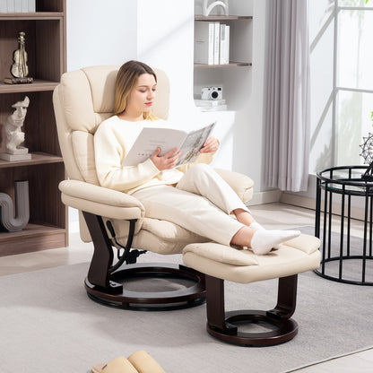 Reclining Chair with Footstool, 360° Swivel TV Chair with Reclining Function, TV Chair with Pocket Spring for Living Room, Faux Leather, Cream White