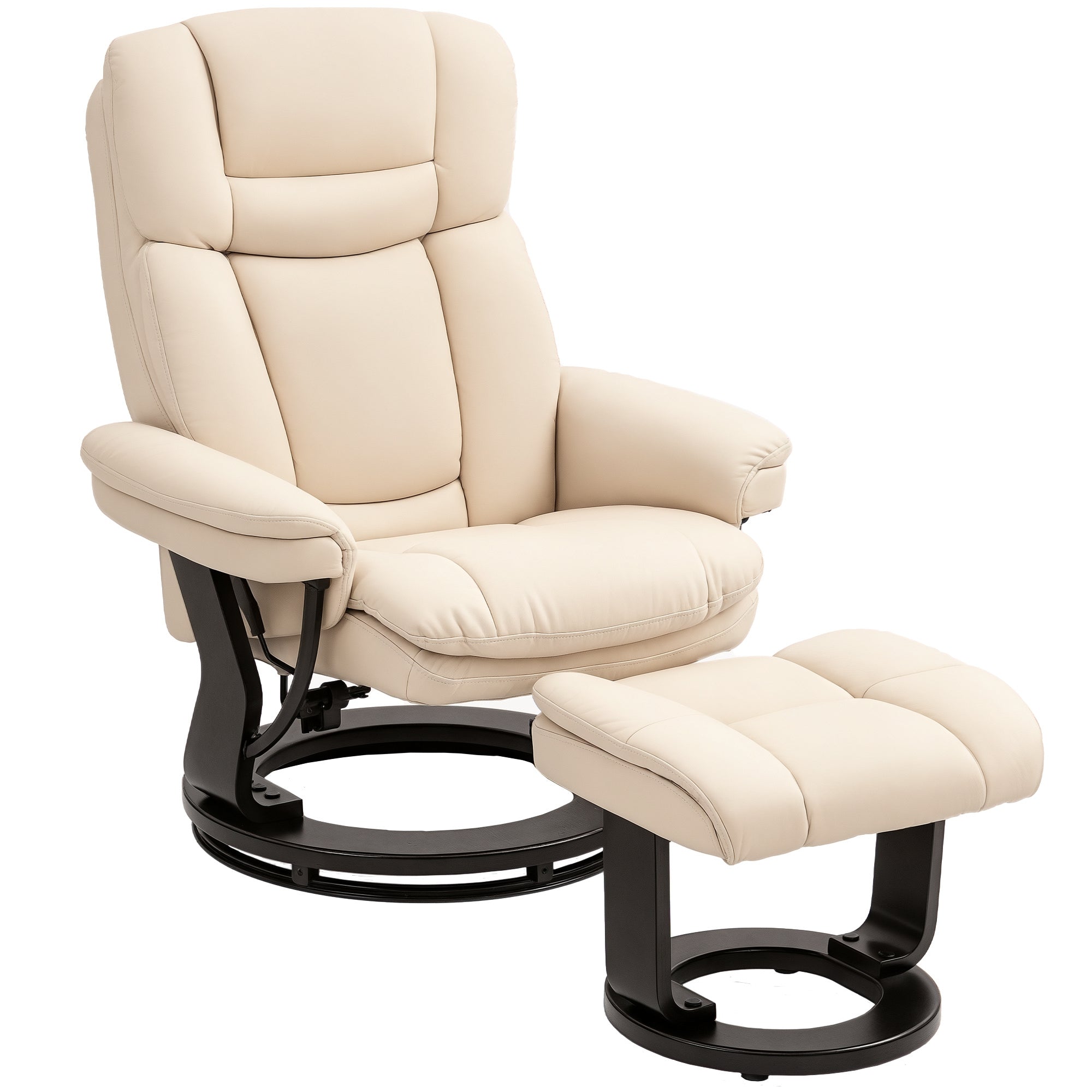 Reclining Chair with Footstool, 360° Swivel TV Chair with Reclining Function, TV Chair with Pocket Spring for Living Room, Faux Leather, Cream White