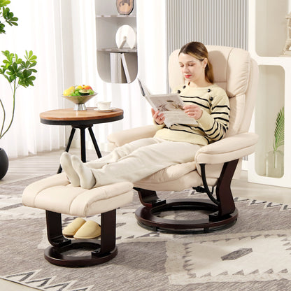 Reclining Chair with Footstool, 360° Swivel TV Chair with Reclining Function, TV Chair with Pocket Spring for Living Room, Faux Leather, Cream White