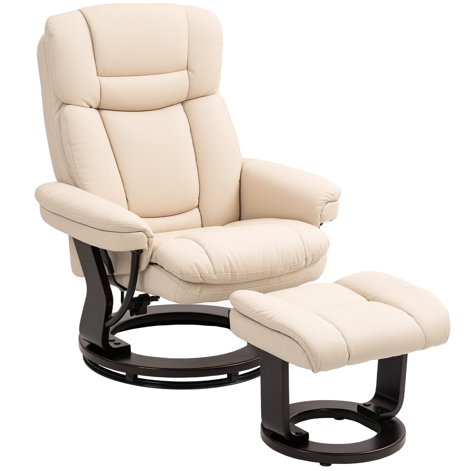 Reclining Chair with Footstool, 360° Swivel TV Chair with Reclining Function, TV Chair with Pocket Spring for Living Room, Faux Leather, Cream White