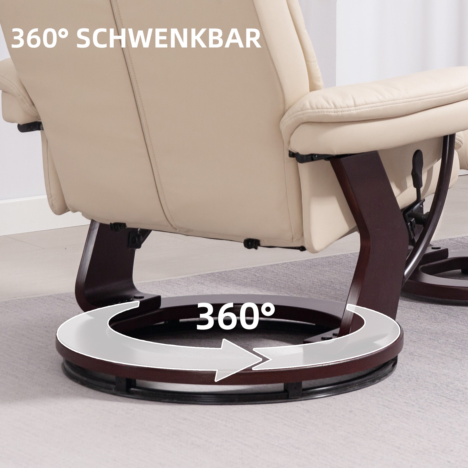 Reclining Chair with Footstool, 360° Swivel TV Chair with Reclining Function, TV Chair with Pocket Spring for Living Room, Faux Leather, Cream White