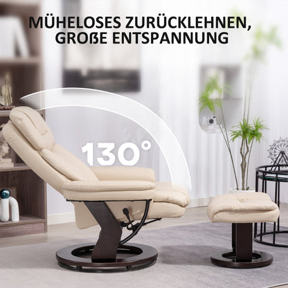 Reclining Chair with Footstool, 360° Swivel TV Chair with Reclining Function, TV Chair with Pocket Spring for Living Room, Faux Leather, Cream White