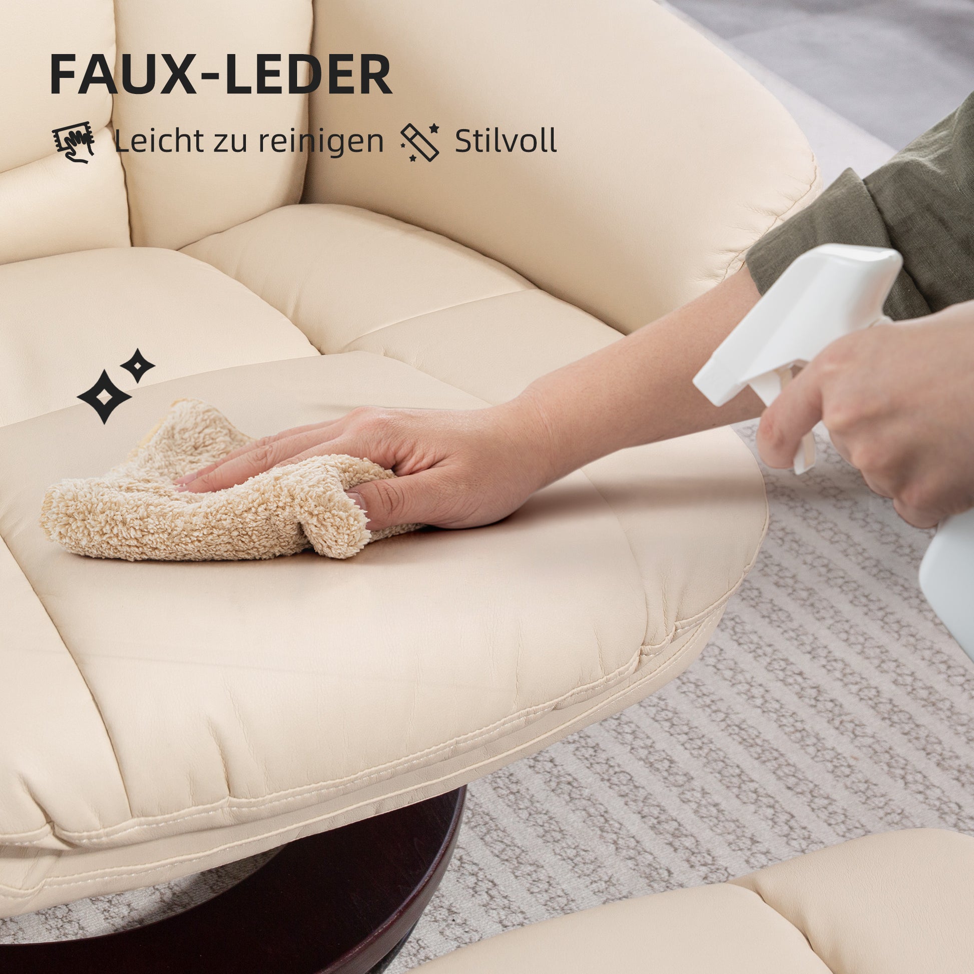 Reclining Chair with Footstool, 360° Swivel TV Chair with Reclining Function, TV Chair with Pocket Spring for Living Room, Faux Leather, Cream White